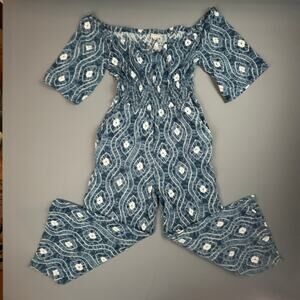 Earthbound Blue Boho Wide Leg Jumpsuit Medium Off Shoulder Smocked Waist